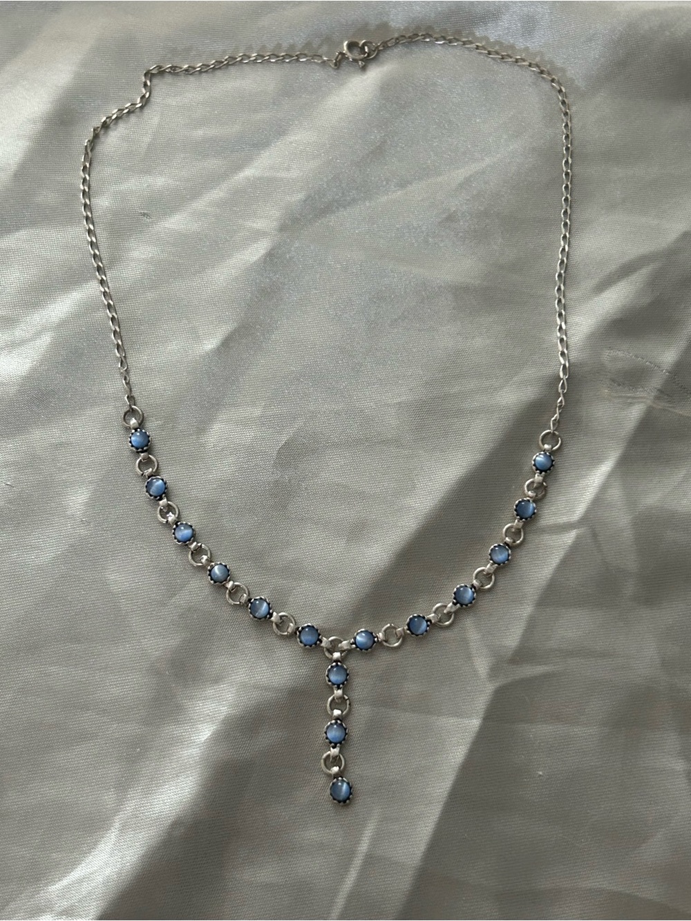 Sterling silver Blue cat eye gem Chain Drop Necklace 15 inch